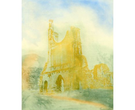 DONALD WILKINSON (BORN 1937), "BYLAND ABBEY", signed, titled numbered 32/90 in pencil, coloured etching, framed in hand-craft