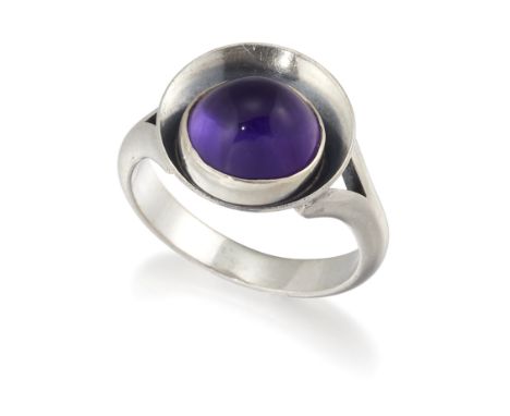 NIELS ERIK FROM - A DANISH SILVER AMETHYST RING, a round cabochon amethyst within a dished frame, to forked shoulders, maker'