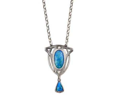 CHARLES HORNER – A SILVER AND ENAMEL PENDANT NECKLACE, a pierced oval plaque filled with blue-green enamel and suspending an 