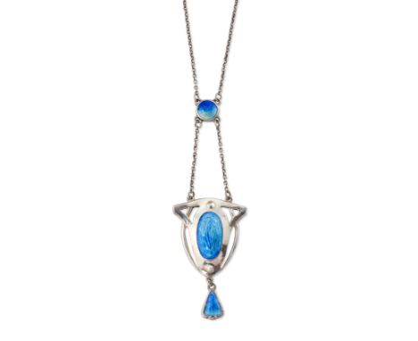 CHARLES HORNER – A SILVER AND ENAMEL PENDANT NECKLACE, a pierced oval plaque filled with blue-green enamel and suspending an 