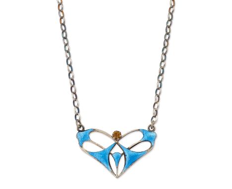 CHARLES HORNER – A SILVER AND ENAMEL PENDANT NECKLACE, a pierced kite-shaped plaque filled with blue enamel and topped by an 