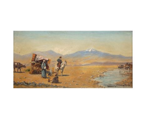 RICHARD ZOMMER (RUSSIAN 1866-1939) TRAVELLERS STOPPING FOR TEA, WITH THE CAUCASUS MOUNTAINS IN THE BACKGROUNDsigned R Zommer 