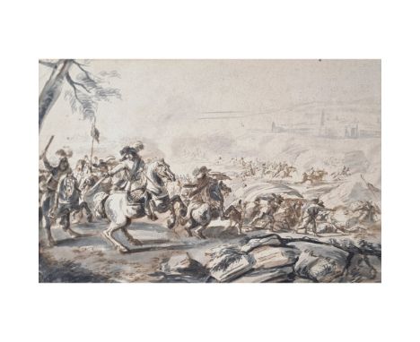 ATTRIBUTED TO JAN WYCK (DUTCH 1644-1702) THE HEAT OF BATTLEinscribed Lach er zbit met yeel on the reverse pen and brown ink, 