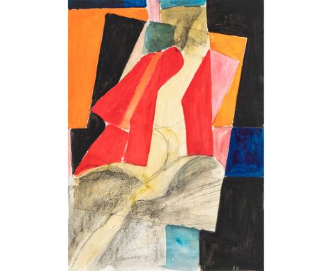 • ADRIAN HEATH (BRITISH 1920-1992) ABSTRACT WITH RED AND ORANGE signed with initials AH lower right pencil, watercolour and b