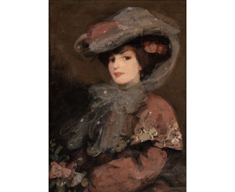 ELIZABETH (BESSIE) MACNICOL (SCOTTISH 1869-1904) PHYLLIS WITH A BOUQUET OF FLOWERSsigned B. MacNichol lower right oil on pane