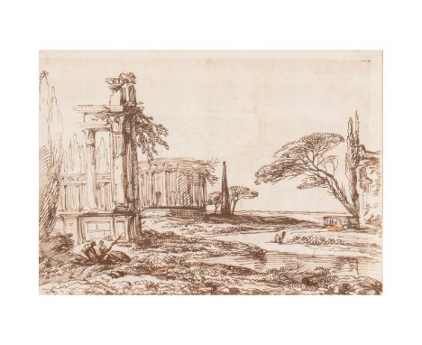 FERDINAND VON KOBELL (GERMAN 1740-1799) LANDSCAPE WITH CLASSICAL RUINS IN THE FOREGOUND pen and brown ink on laid paper 19 x 