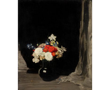 SIR WILLIAM NICHOLSON (BRITISH 1872-1949) MIXED FLOWERS IN A BLACK JUG oil on canvas75 x 62cm; 29 1/2 x 24 1/2in92 x 80cm; 36