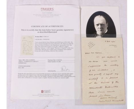 Signed autograph letter from (Sir) Winston Churchill to Mr Morris declining an invitation to the Manchester Automobile Club d