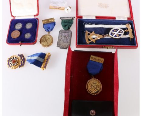Masonic jewels including Lodge Saint Columba 1294 jewel to Bro J F Kirk RWM 1986-87, 250th Anniversary of the Grand Lodge of 