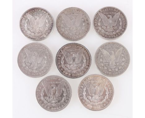 UNITED STATES OF AMERICA USA eight silver Morgan dollars including 1878, 1881 O, 1887 (2) , 1889, 1890 O, 1896 O, and 1896. K