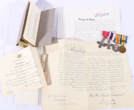 WWI medal group including Military Cross, GRI MBE with second type military ribbon and a oak leaf clasp, WWI war medal and Vi