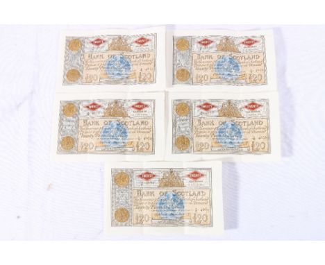 BANK OF SCOTLAND five £20 banknotes 26th March 1958 Bilsland and Watson, consecutive even number run 9/C4672-4680 SC143b nef 