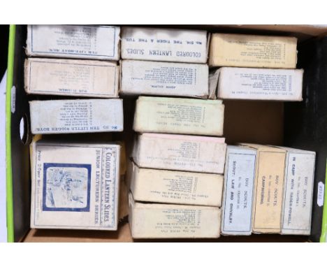 Sixteen boxed sets of lantern slides to include Alice in Wonderland, Peter Pan, Boy Scouts, The Three Bears, John Gilpin, The