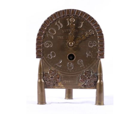 Trench art brass mantel clock made from WWI eighteen pounder shell and three BSA shells, inscribed ' Souvenir of The Great Wa