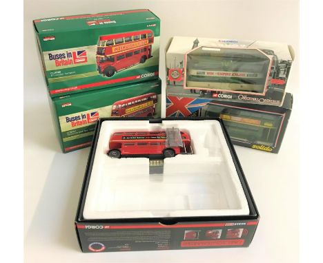 FOUR CORGI DIE CAST BUSSESincluding RT Double Deck, RT London Transport, Routemaster and a Blackpool Balloon Tram, together w