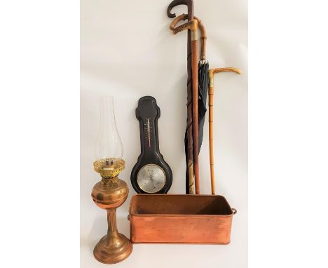 MIXED LOT OF COLLECTABLESincluding a rectangular brass planter with lion mask handles, an Aachen leather and cork covered bar