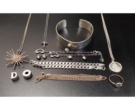 SELECTION OF SILVER JEWELLERYincluding a silver bangle, a curb link bracelet, a pave set ring, a Saint Christopher and other 