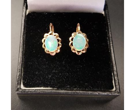 PAIR OF OPAL EARRINGSthe oval opal on each within pierced lobed surround, in ten carat gold, with screw fastenings 