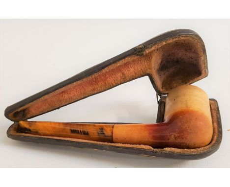 VINTAGE MEERSCHAUM PIPE with a briar bowl and amber coloured mouth piece, in a fitted leather and velvet lined case 