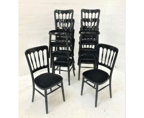 SET OF TEN BLACK GLOSS FUNCTION CHAIRSwith shaped stick backs above padded seats, stackable (10)Note: This lot is stored offs