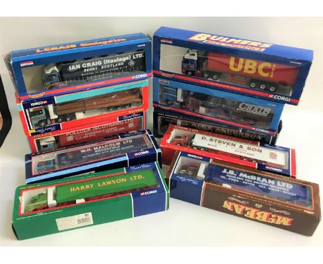 TEN CORGI DIE CAST TRUCK AND TRAILERSincluding Harry Lawson Ltd. Volvo, Malcolm MAN, D. Steven & Son Scania, J.B. McBean Ltd.