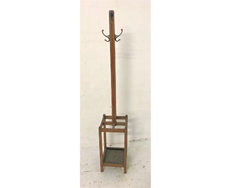 1930s OAK COAT STANDthe central square column with carved decoration and four hat/coat hooks above four square division stick
