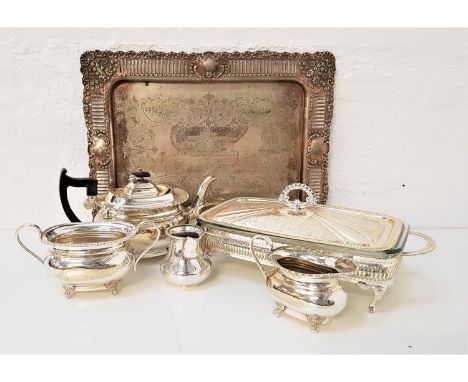 LARGE SELECTION OF SILVER PLATED WARESincluding various trays, lidded serving dish, tea pot, sugar bowls, cream and milk jugs