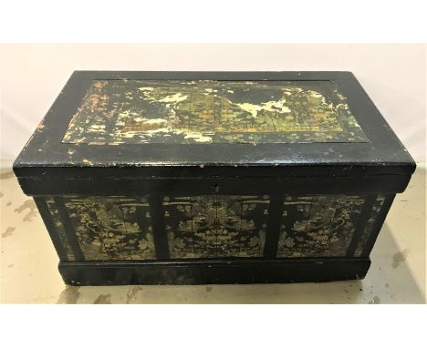 PAINTED PINE BLANKET BOXthe lift up lid with an inset Chinese paper panel, the interior with a candle box, with metal side ca