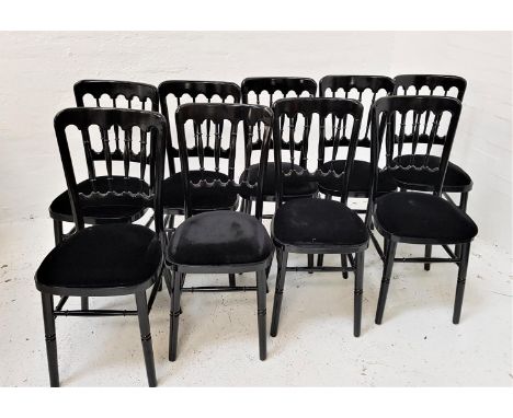 SET OF NINE BLACK GLOSS FUNCTION CHAIRSwith shaped stick backs above padded seats, stackable (9)Note: This lot is stored offs