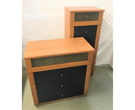 TALL NARROW CHESTwith an opaque glass front top drawer above five blue front panel drawers, 125cm high, together with a simil