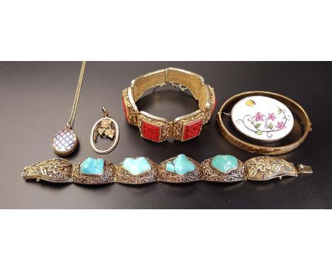 SELECTION OF SILVER GILT AND OTHER JEWELLERYcomprising a red cinnabar and silver gilt bracelet; the profuse filigree decorate