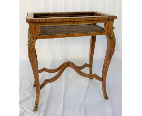 LOUIS XV STYLE BIRDS EYE MAPLE BIJOUTERIE TABLEwith a glass panel lift up lid with glass side panels and gilt metal mounts, s