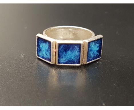 DAVID ANDERSEN ENAMEL DECORATED RINGthe Norwegian silver ring with three square blue enamel decorated panels, stamped 'D-A NO