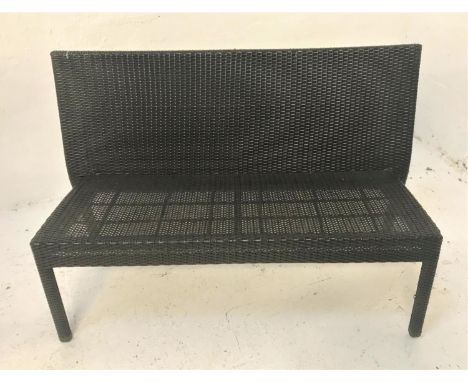 RATTAN EFFECT BENCH with a woven back, seat and legs, 130cm long 