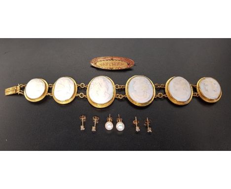 SELECTION OF GOLD AND OTHER JEWELLERYcomprising a graduated cameo set bracelet in gilt setting; a pair of pearl stud earrings