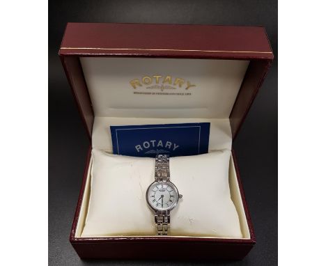 LADIES SILVER CASED ROTARY WRISTWATCHthe mother of pearl dial with Roman numerals, on silver bracelet strap, complete with bo
