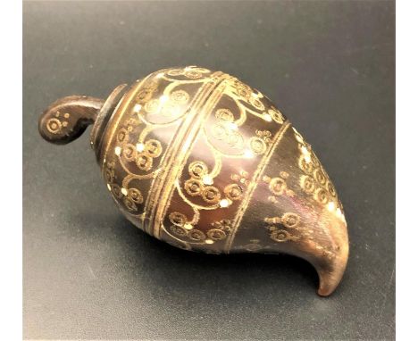19th CENTURY MIDDLE EASTERN SNUFF GOURDwith mother of pearl and brass inlay decoration, the lid formed as the stalk, possibly