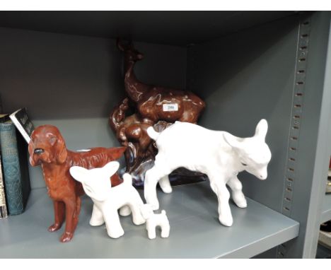 Five ceramic studies, Goat, Lambs x2, Irish Setter and Deer family