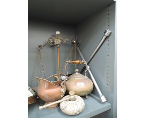 A selection of brass and copper wares including kettle and antique balance scale set