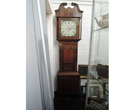 A late 18th century oak longcase clock having demi swan neck and reeded pillar hood containing square painted dial and 8 day 