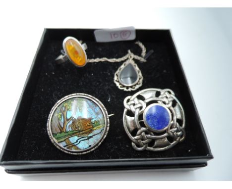 A small white metal jewellery stamped 925/ sterling including butterfly wing brooch, Baltic amber ring, jet pendant etc