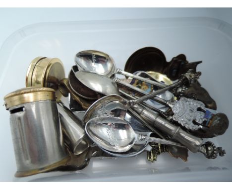 A selection of misc including Empire bank savings tins, caddy spoons, souvenir spoons, cigar piercer etc