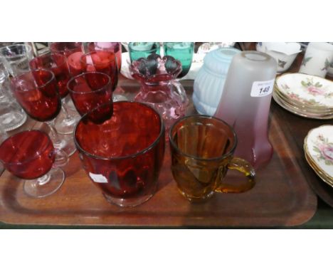 A Collection of Coloured Glass to Include Cranberry Jug, Ruby Wines, Light Shades etc