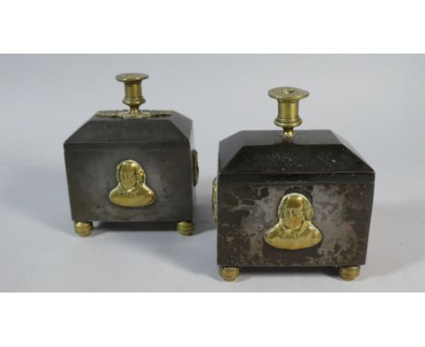 A Near Pair of Coalbrookdale Sarcophagus Shaped Brass Mounted Iron Tobacco Boxes with Candle Stick Finials and Complete with 