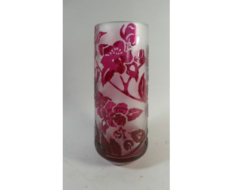 A Val St Lambert Overlaid Ruby Glass Vase Decorated in Relief with Flowers, 28cm High 