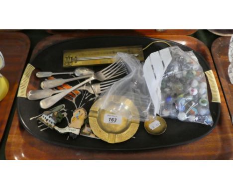 A Tray of Sundries to Include Vintage Marbles, Various Cutlery, Jam Thermometer etc