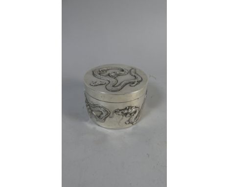 A Nice Quality Chinese Silver Circular Box Decorated in Relief with Dragons, Stamped 90 with Character Marks Under, 6cm Tall,