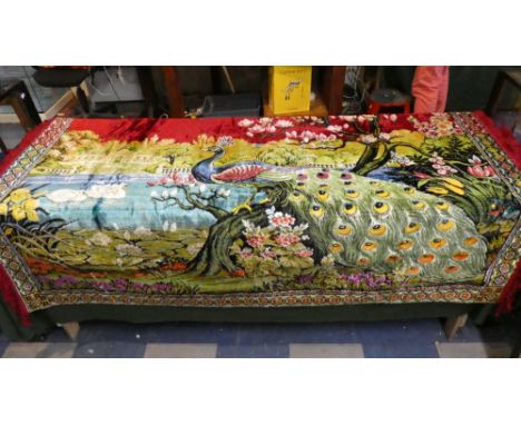 A Machined Tapestry Wall Hanging Or Throw Depicting Peacock In Garden, 174cm Wide 