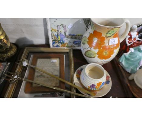 A Tray of Mixed Ceramics to Include Clarice Cliff Crocus Pattern Saucer and Honey Pot Base (Both AF), Arthur Woods Jug, Three