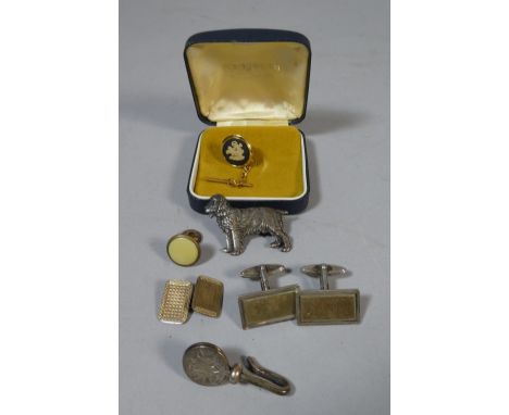 A Collection of Cufflinks One Stamped 9ct and Silver, a Wedgwood Jasperware Button Lapel, a Dog Kenart Badge and a Silver Bir
